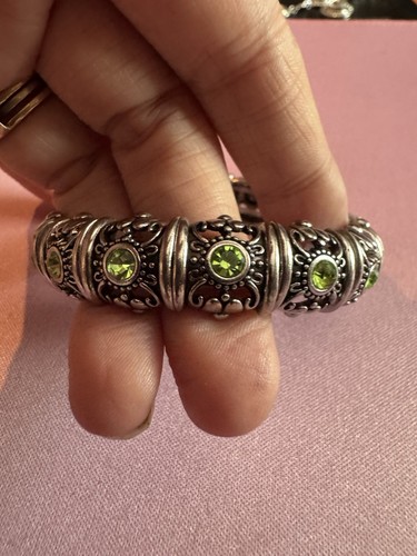 Paparazzi “Ageless Glow” Bracelet With Green Rhinestones, Silver Toned.