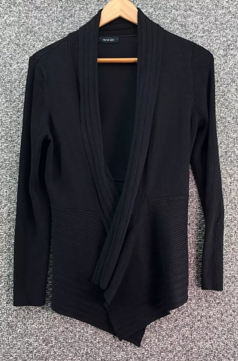 Verme Ami Knit Sweater Cardigan Black Womens Sz S Ribbed Cascade Open Front