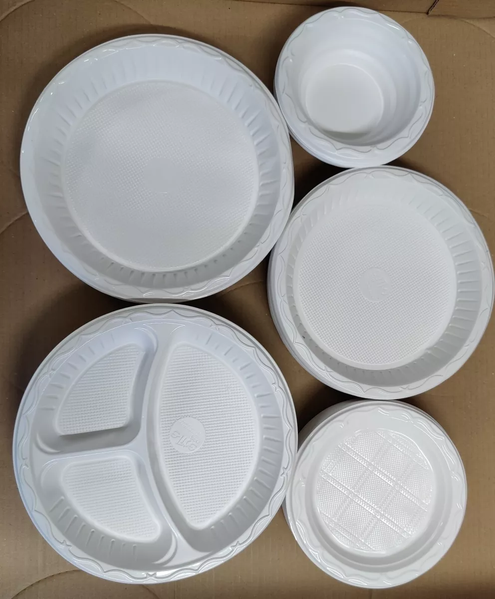 Strong White Plastic Dinner Plates Party Round Disposable Plates Bowls