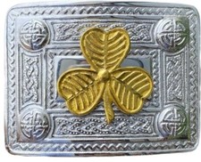 Scottish Kilt Belt Buckle Celtic Design with Irish Shamrock Badge Gold Plated