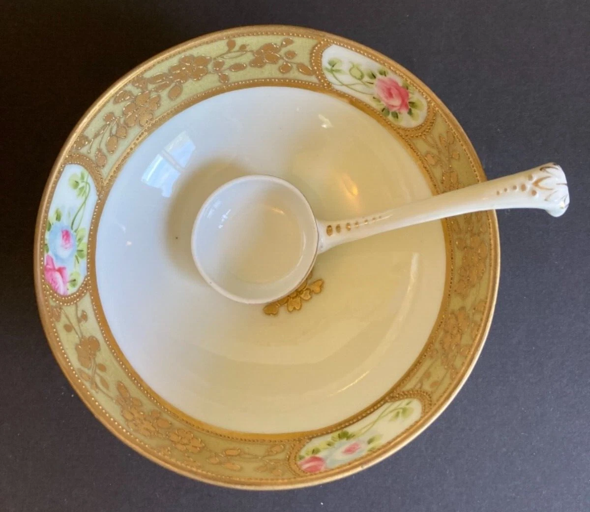 Nippon Sauce Mayonnaise Bowl w Ladle Spoon Serving Set Hand Painted Floral Gold