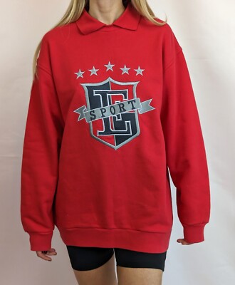 90er Escada Kragen Baumwolle rot Pullover Prinzessin Diana Style sportlich schick lässig M