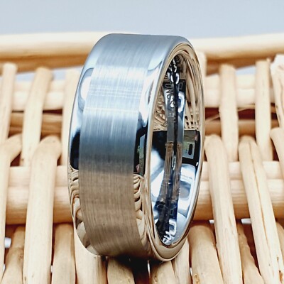 Flat Center Brushed Tungsten Carbide Ring Wedding Band Wedding Ring Comfort Fit