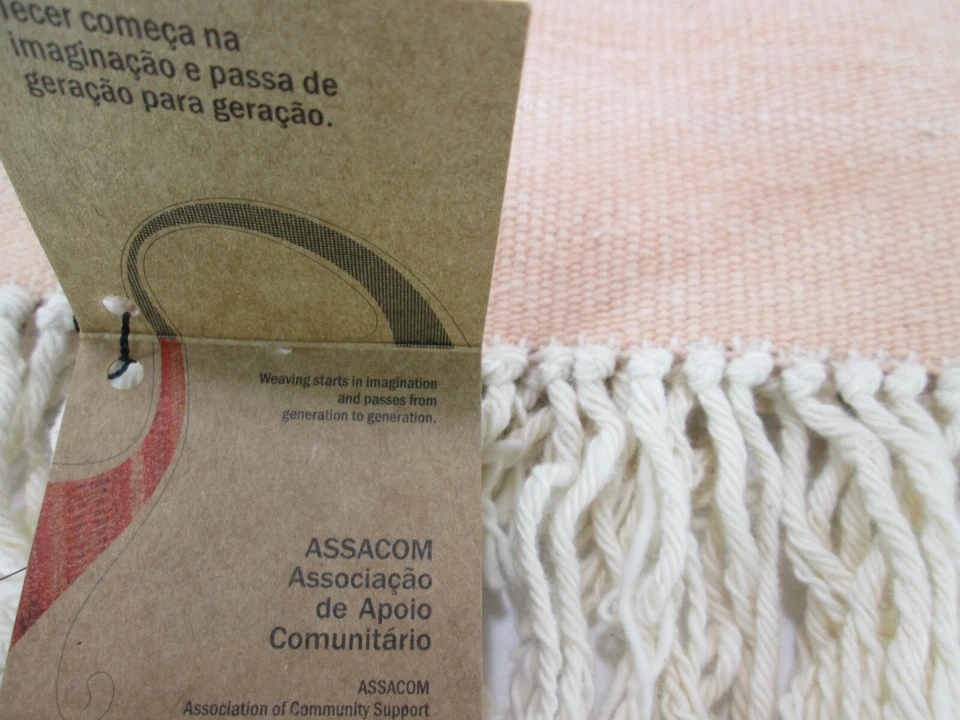 Handwoven Rug Brazil Peach Off White Natural Beige Stripe Fringe Cotton Boho - Image 4 of 4