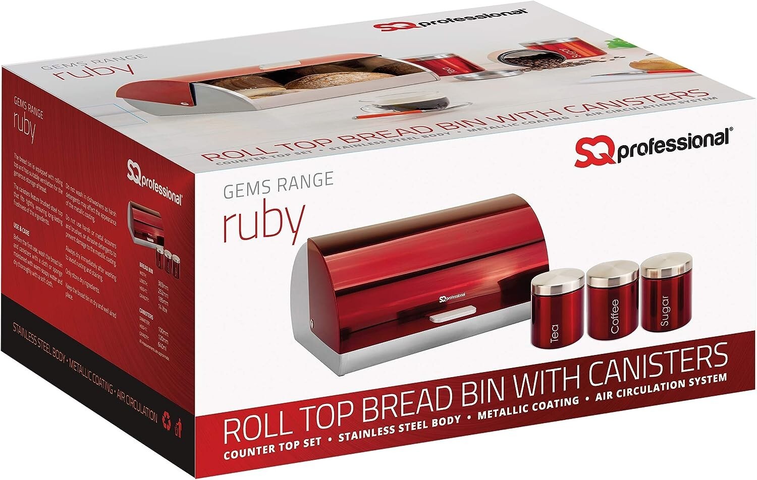 RUBY METALLIC ROLL TOP BREAD BIN & TEA COFFEE SUGAR STORAGE JAR
