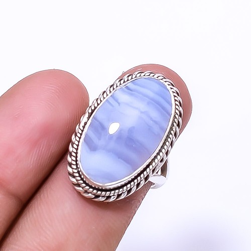 Blue Lace Agate Namibia Designer Handmade 925 Sterling Silver Ring S