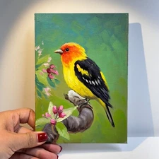 Western Tanager on Blooming Branch Vibrant Oil Painting for wall art home decor