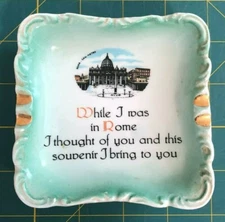 Vintage Square Mint Green Ceramic Souvenir Ashtray 4" Square - Roma - San Pietro