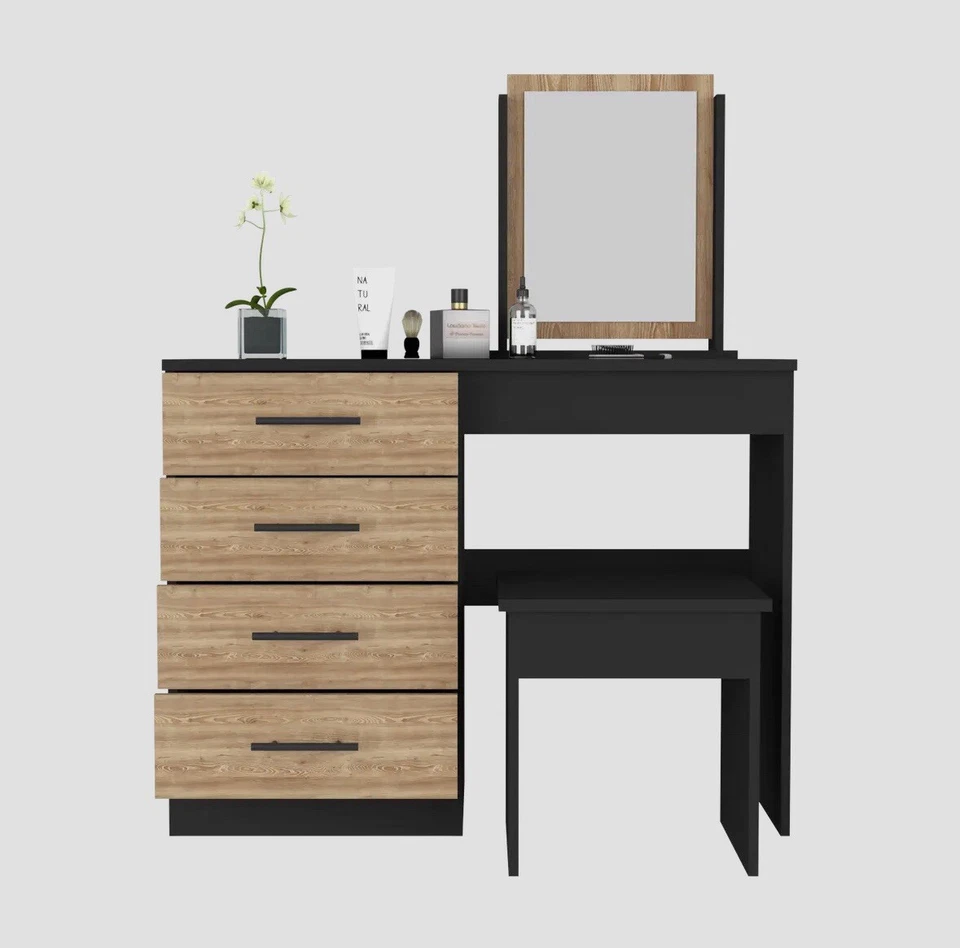 Tocador de Maquillaje Roxx, Cuatro Cajones, Acabado Negro/Pino Foto 2 de 4