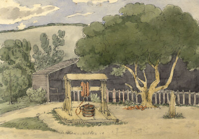 Gartenblick mit Brunnen Aquarell Gemälde 1850er Jahre m. Allcot Original