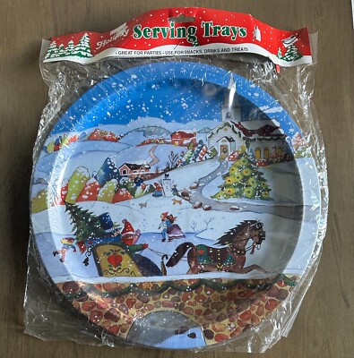 Vintage 1989 HARTIN Christmas Metal Serving Tray 13  SNOWY VILLAGE SCENE NOS NEW