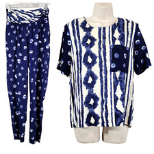 Vintage Fritzi 2-Piece Top Pants Women Small Blue White Battik Rayon