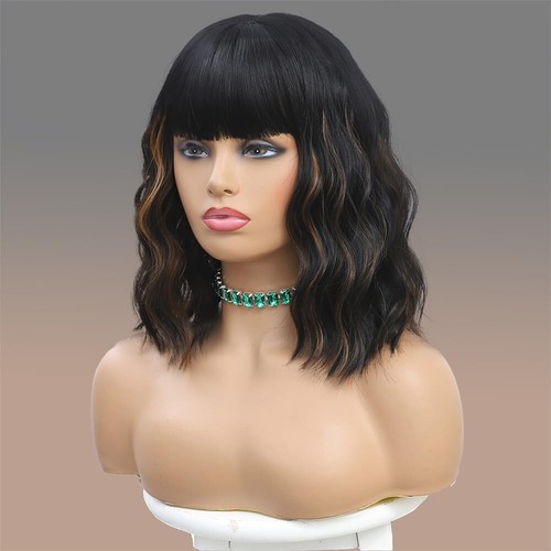 H2T Long 26" Bangs Black Brown Highlight Wig wavy women natural look daily party - Picture 3 of 24