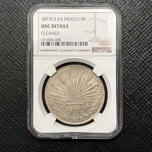 1877-Ca LA NGC UNC Details Mexico 8 Reales Chihuahua Mint Silver Coin