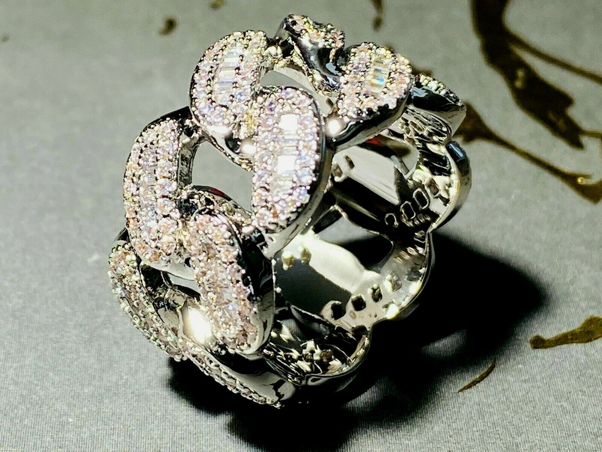 Pinky Men s Cuban Link Ring 1.5ct Iced CZ Bling 14k White Gold Finish sizes 6 12