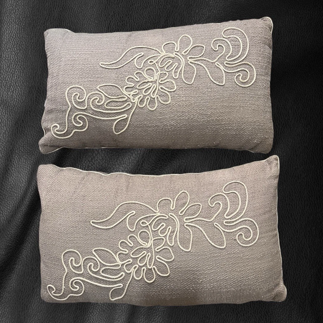 Set of 2 Decorative Throw Pillows – Rectangular, Embroidered, Neutral Beige