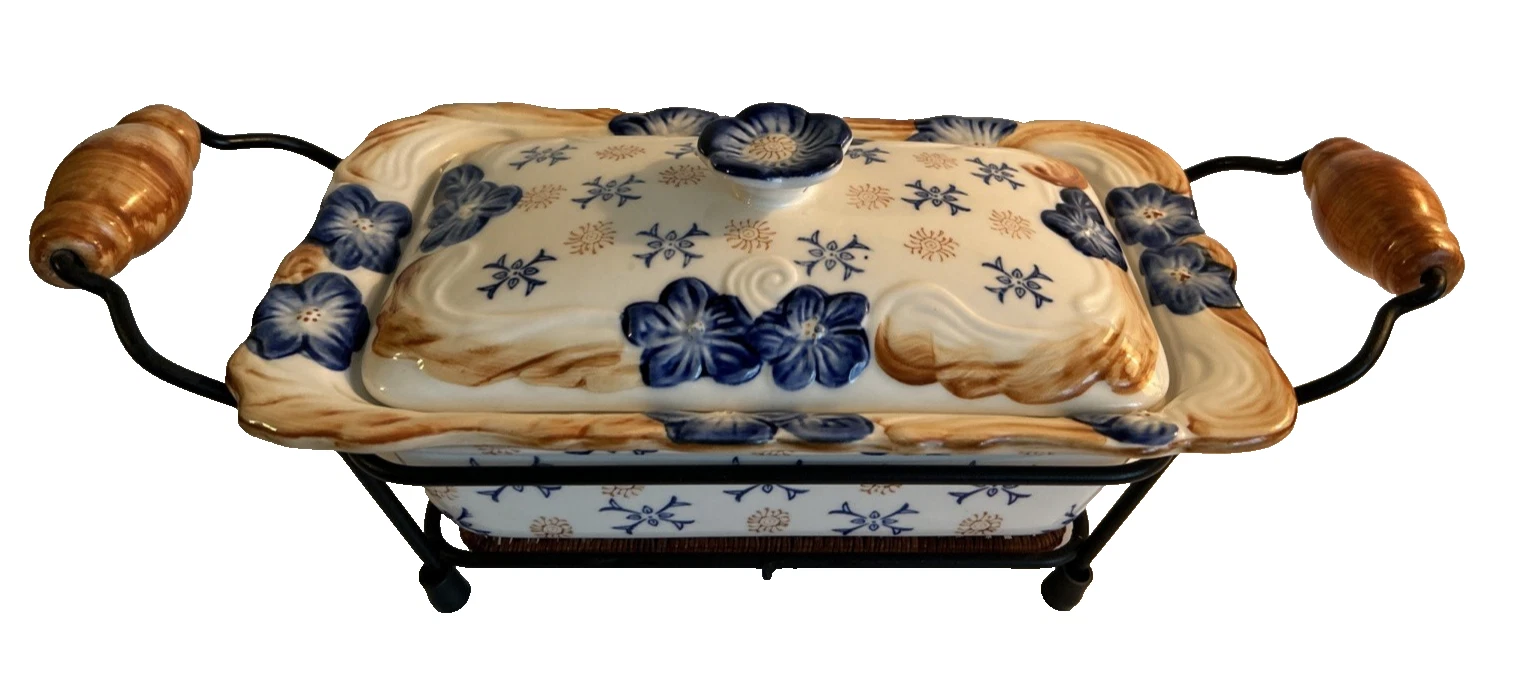 Temp Tations by Tara Provance Blue Floral Baking Dish w/ Metal Rack & Trivet