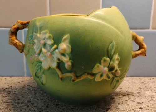 Vase Roseville Apple Blossom Green 1949 Vintage Art Pottery Ceramic Bowl  342-6