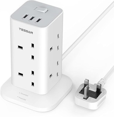 11 in 1 Tower Verlängerungskabel, 8-fach Mehrfachstecker Steckdosenleiste, 3 USB, Überspannungsschutz