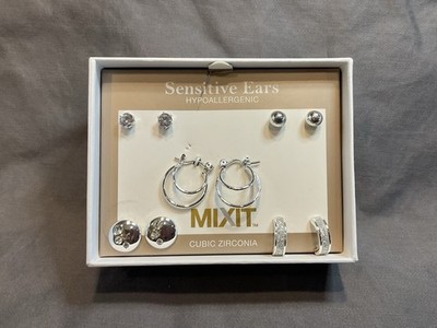 NWT Mixit Sensitive Ear Hypoallergenic Silver Tone Earring Gift Set In Box #1467