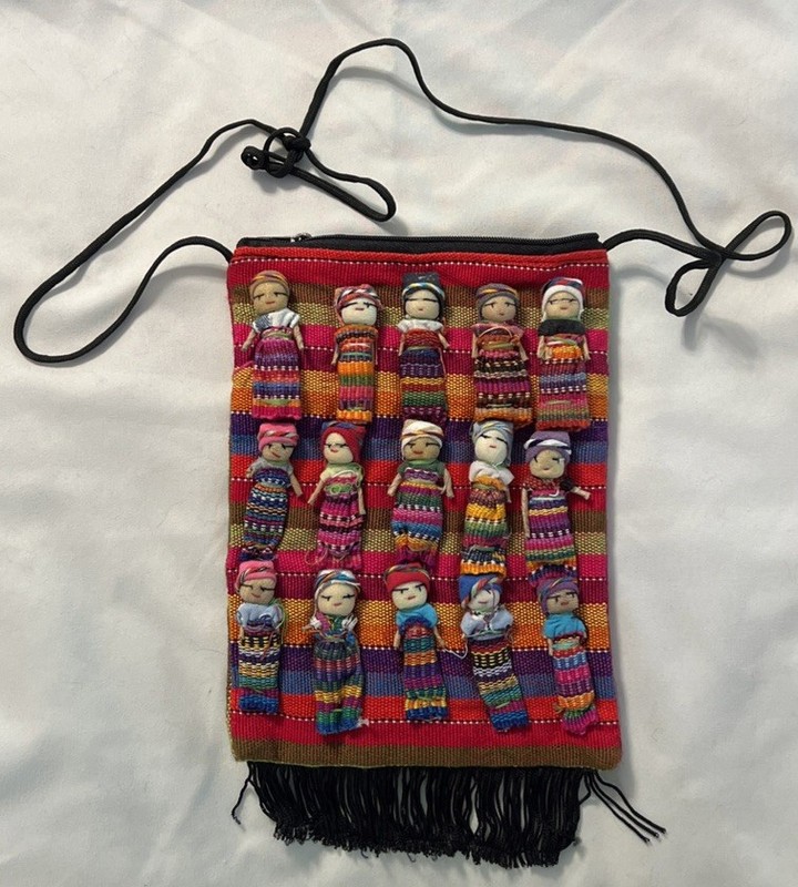 Guatemalan Worry Dolls Crossbody Bag Handmade 15 Dolls Multi-colored 