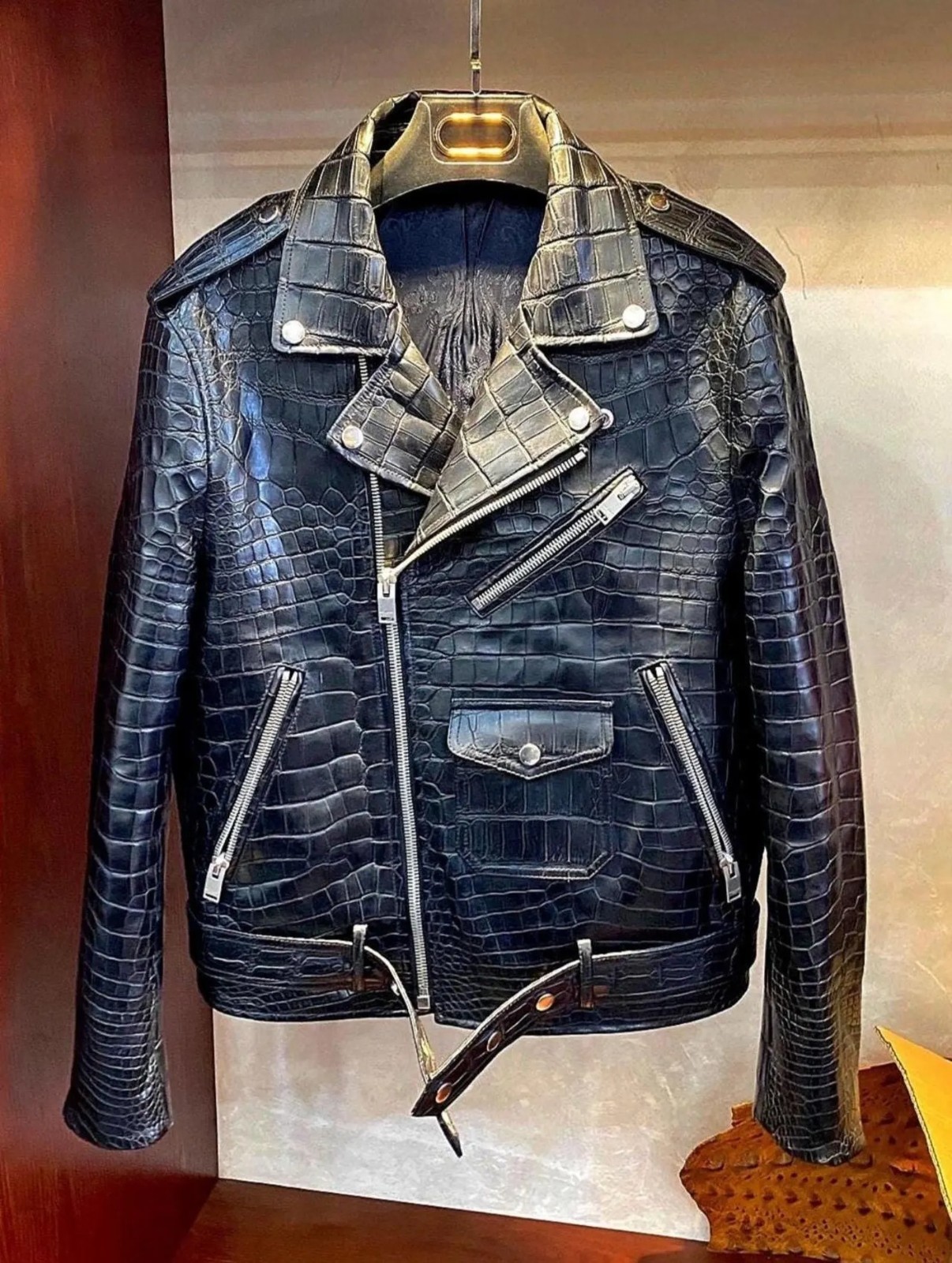 Men’s Black Crocodile Pattern Leather Biker Jacket Luxury Moto Belted Coat