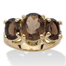 4.90 TCW Oval-Cut Genuine Smoky Quartz Yellow Gold-Plated 3-Stone Ring
