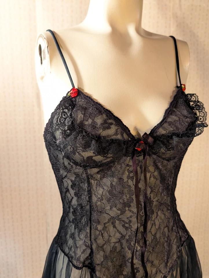 Sexy babydoll vintage Whimsigoth S Tosca rosetas de encaje negro años 60 Foto 2 de 4