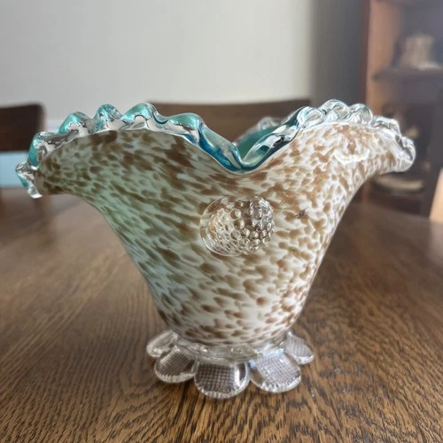 Vintage MCM Cased Murano Venetian Vase Copper Teal Spatter Scalloped Rim & Base