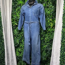 Gap Denim Jumpsuit Womens 12 Medium Wash Cotton Utility Wide Leg Belted 3755