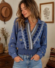 Fig Flower Women s S Blue Embroidered Boho Peasant Blouse Smocked Hem