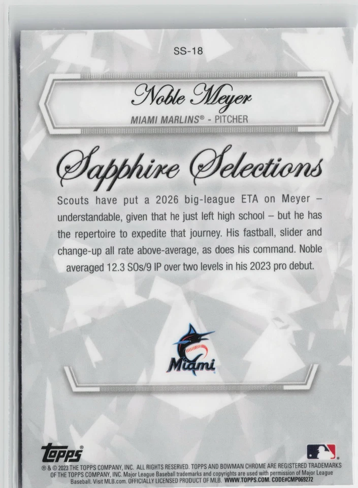 Noble Meyer 2023 Bowman Draft Sapphire Edition Sapphire Selections - Image 2 of 2