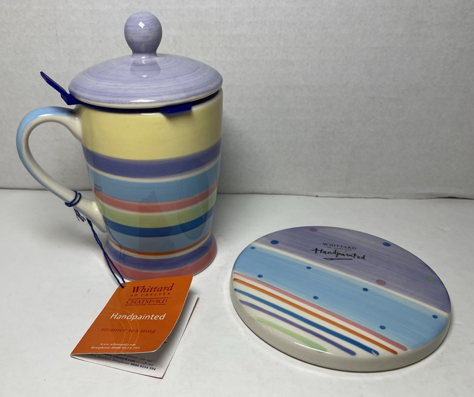 Whittard Of Chelsea CandyStripe Strainer Tea Mug With Lid & Candy Spotty Coaster