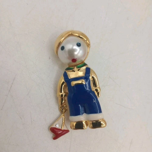Carolee Goldtone And Enamel Little Boy With Sailboat Brooch Pin Jewelry Vintage
