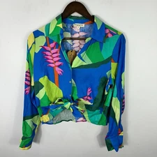 Christian Siriano Linen Blend Top Womens Medium Blue Resort Vacation Tropical