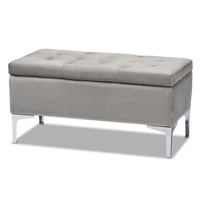 Bowery Hill Grey Velvet Silver Finished Storage Ottoman