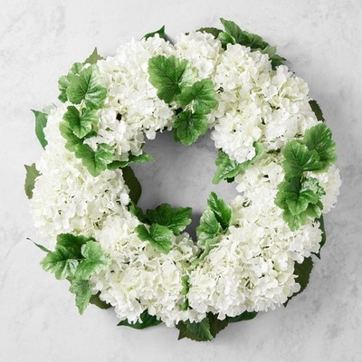 UV Protected Faux White Hydrangea Wreath, 27''-Williams Sonoma|43509