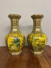 Pair of Yellow Oriental Chinese Ceramic Vases - Floral & Bird - 33cm High