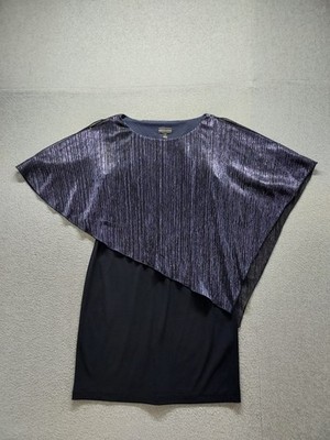 Connected Apparel Women Shimmer Dresses 10 Navy Silver Capelet Pullover Casual