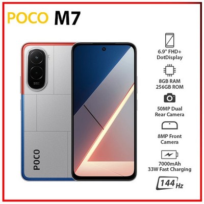 (New) Xiaomi POCO M7 8GB+256GB SILVER Dual SIM Unlocked Android Cell Phone