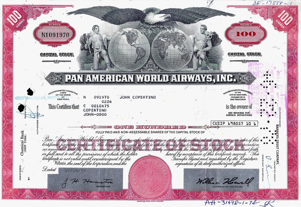 Pan American World Airways Inc.,  26. 02. 1973  - 100 Shares - Bild 1 von 1