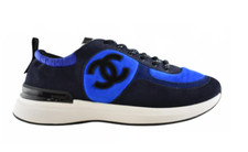 Chanel 21K Blue Suede White CC Logo Lace Up Tie Flat Runner Trainer Sneaker 39.5