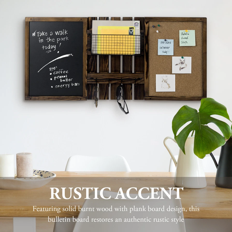 Wall Mounted Entryway Brown Wood Bulletin Board w/ a Chalkboard and Mail Basket - Image 2 of 4