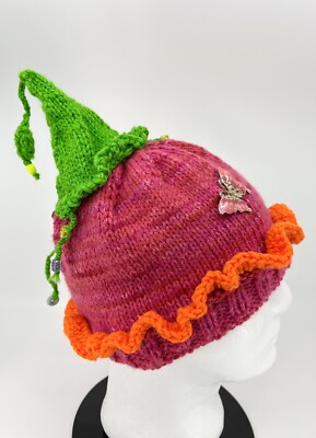 BUTTERFLY FLOWER BEANIE HAT FUZZY OOAK HAND KNIT FOLK ART WHIMSICAL PIXIE HIPPIE