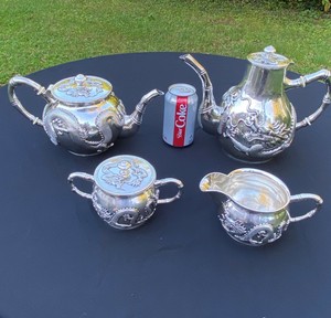 19c Chinese Export .935 Pure Silver 4pc Dragon Tea Set 83ozt / 2,575g TEHLING