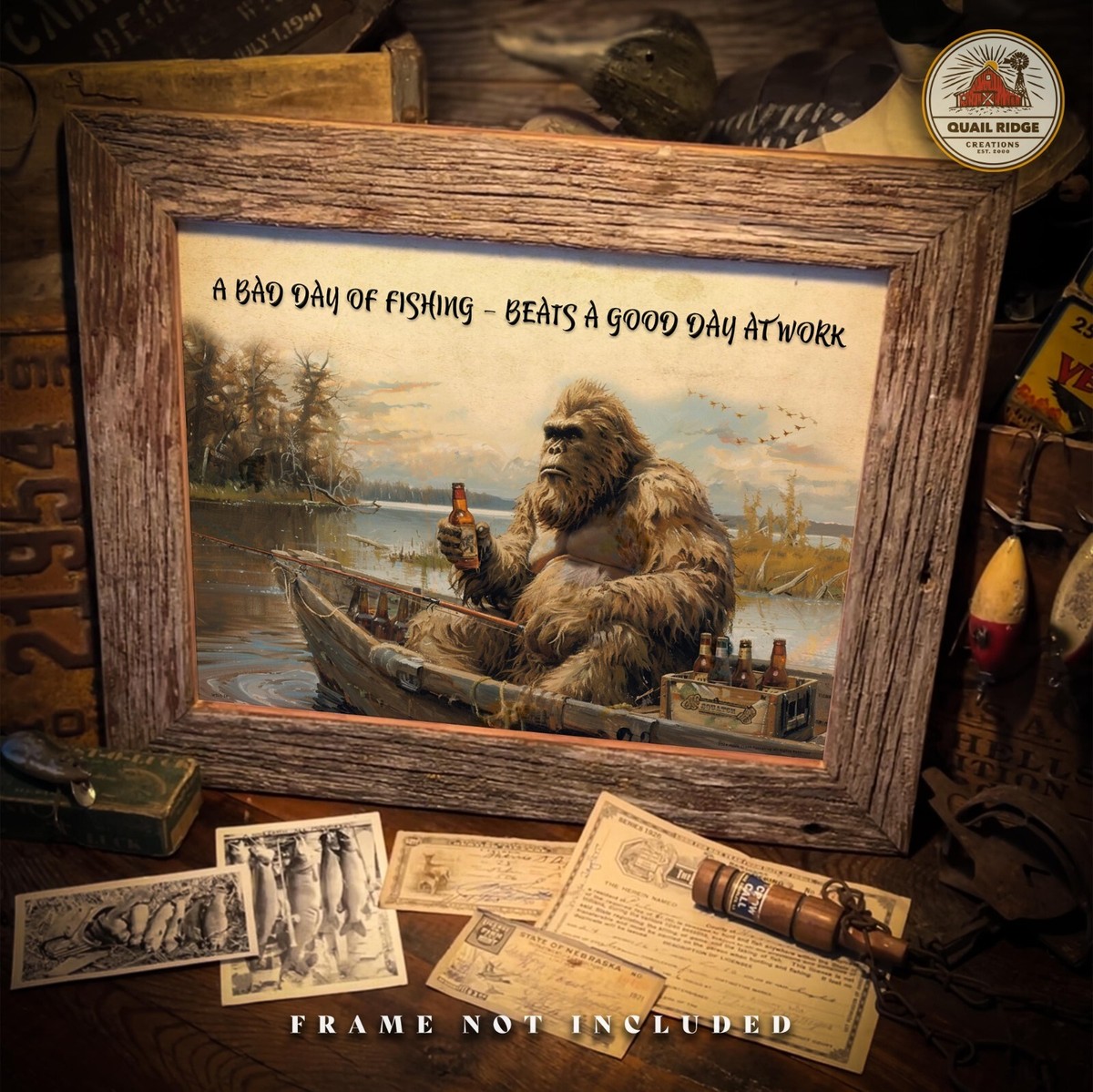 Sasquatch Bigfoot Art Print A Bad Day of Fishing Hunting Cabin