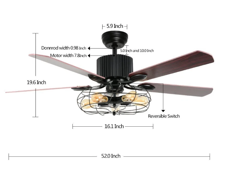Industrial 52-Inch Ceiling Fan Semi Flush Mount Ceiling Light Fixture Vintage - Image 3 of 4