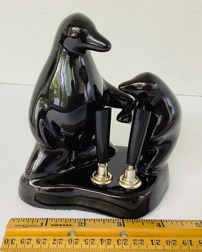Vintage Japan Redware Desk Top Pen Holder 5” Penguins Figurine Glossy Black - Picture 4 of 7