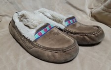 UGG Ansley Womens Size 10 Chestnut Suede Wool-lined Slippers, Pink Teal Stitch