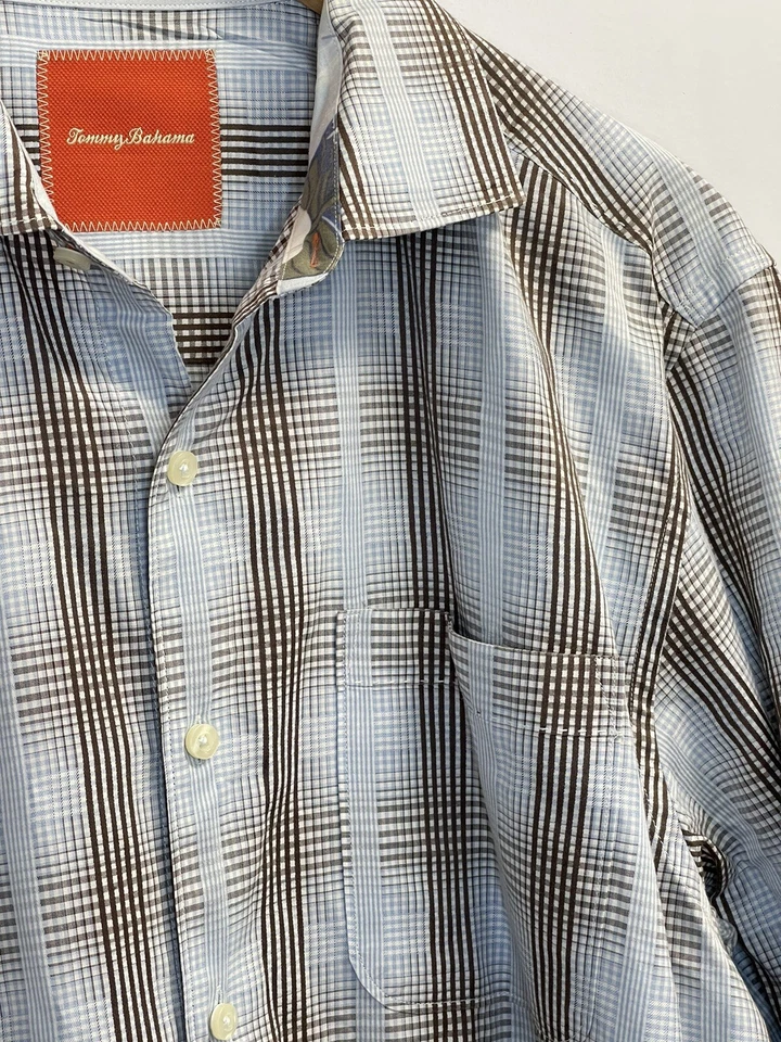 Tommy Bahama Men’s M Plaid Shirt Flip Cuff Long Sleeve Cotton Blue Brown - Image 4 of 4